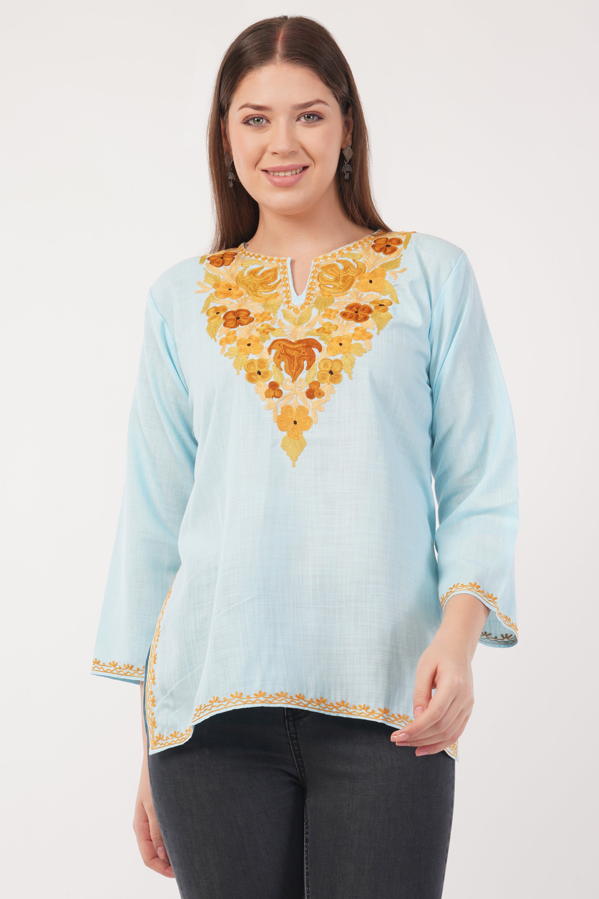 Kashmiri Aari embroidery Cotton Short Kurti Size-40(Sky Blue)