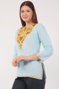 Kashmiri Aari embroidery Cotton Short Kurti Size-40(Sky Blue)