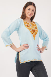 Kashmiri Aari embroidery Cotton Short Kurti Size-40(Sky Blue)