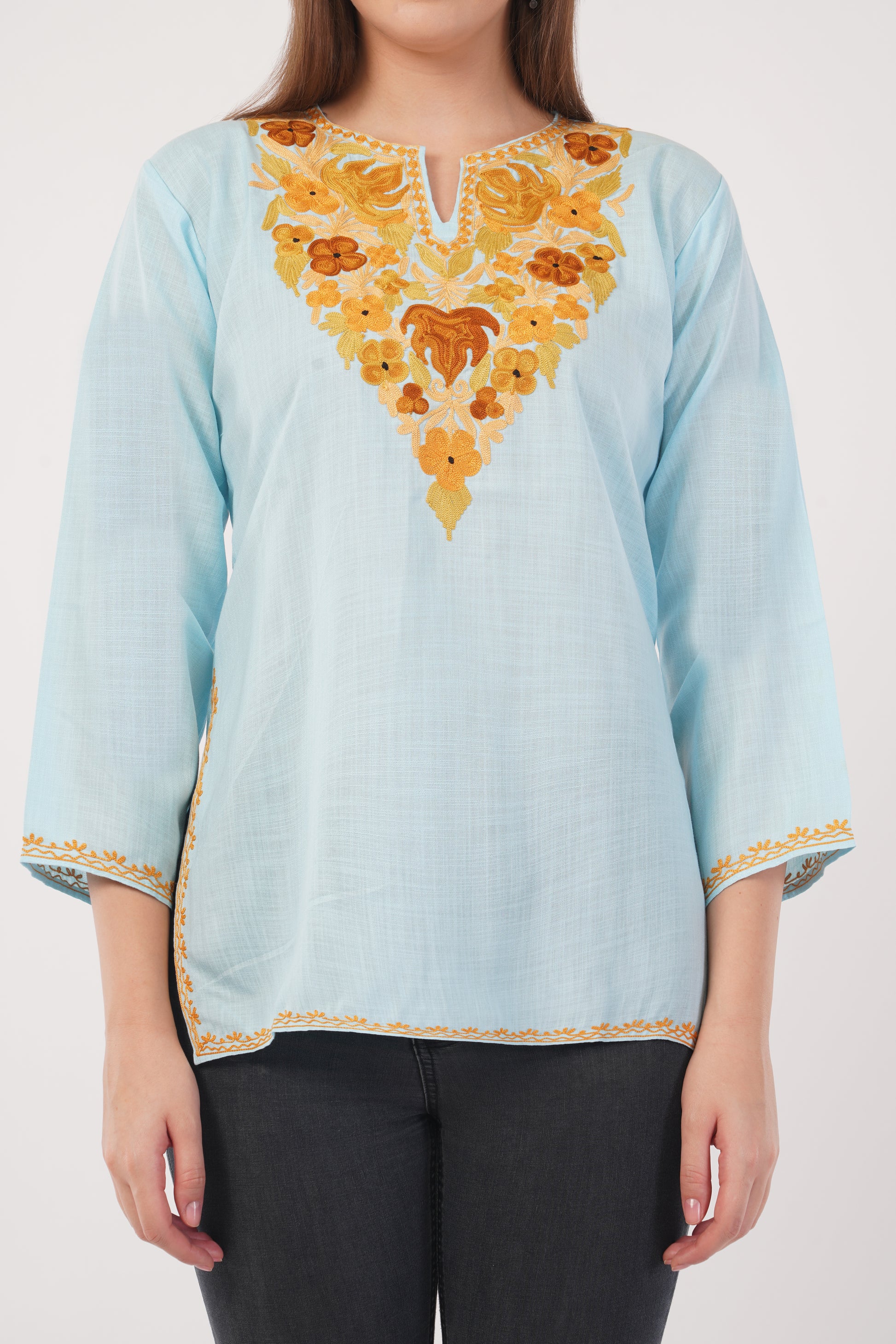 Kashmiri Aari embroidery Cotton Short Kurti Size-40(Sky Blue)