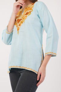 Kashmiri Aari embroidery Cotton Short Kurti Size-40(Sky Blue)