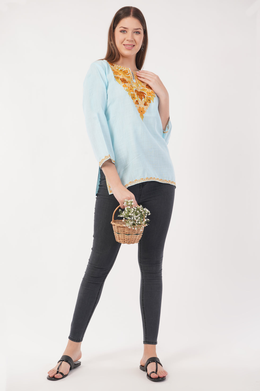 Kashmiri Aari embroidery Cotton Short Kurti Size-40(Sky Blue)