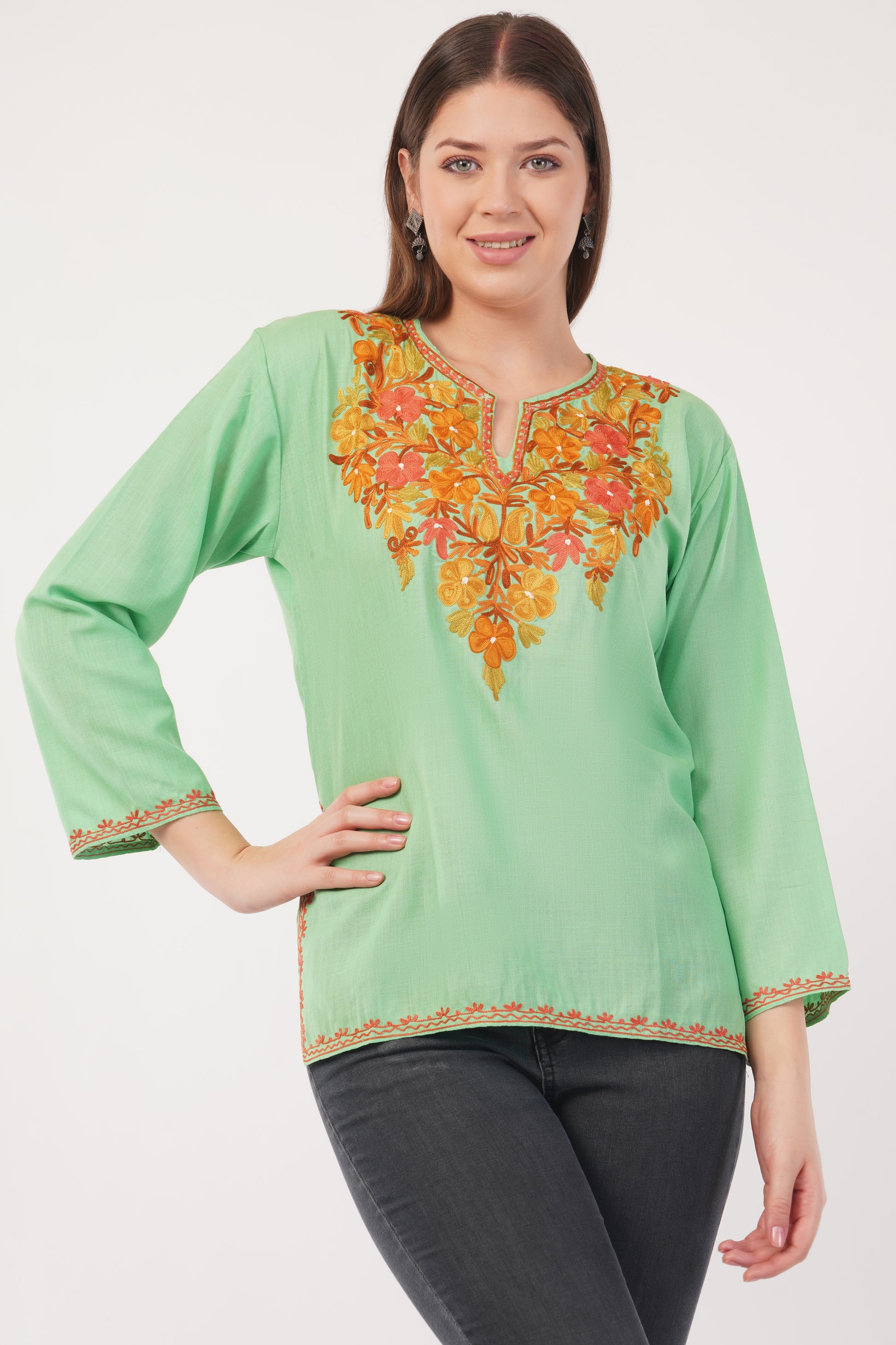 Kashmiri Aari embroidery Cotton Short Kurti Size-40(Green)
