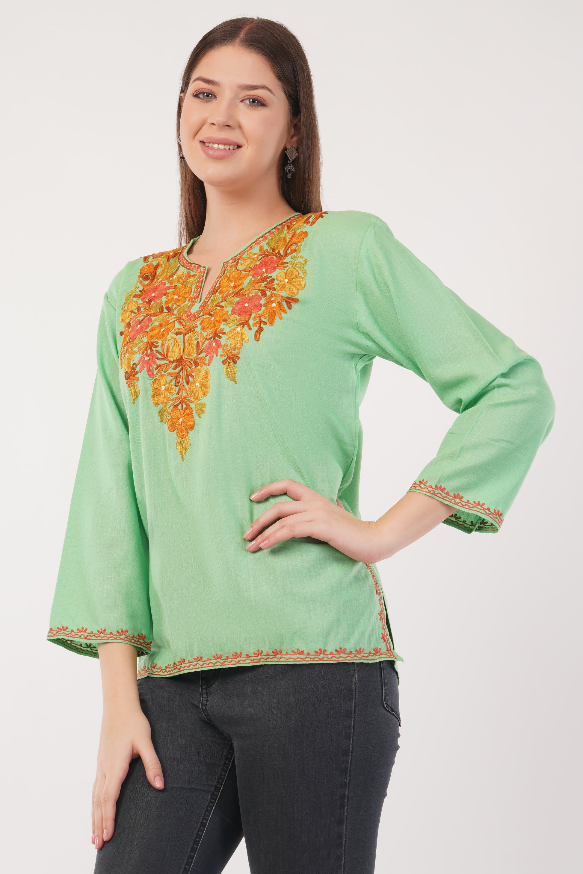 Kashmiri Aari embroidery Cotton Short Kurti Size-40(Green)