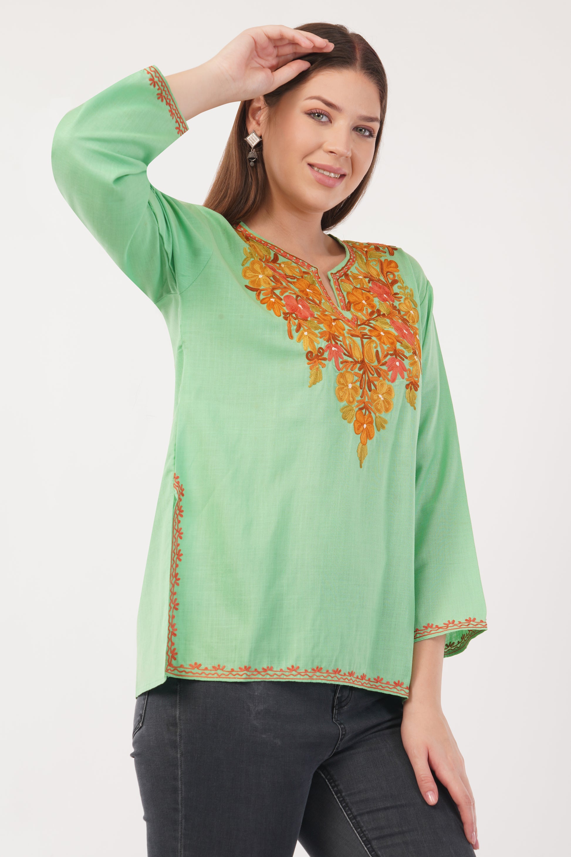 Kashmiri Aari embroidery Cotton Short Kurti Size-40(Green)