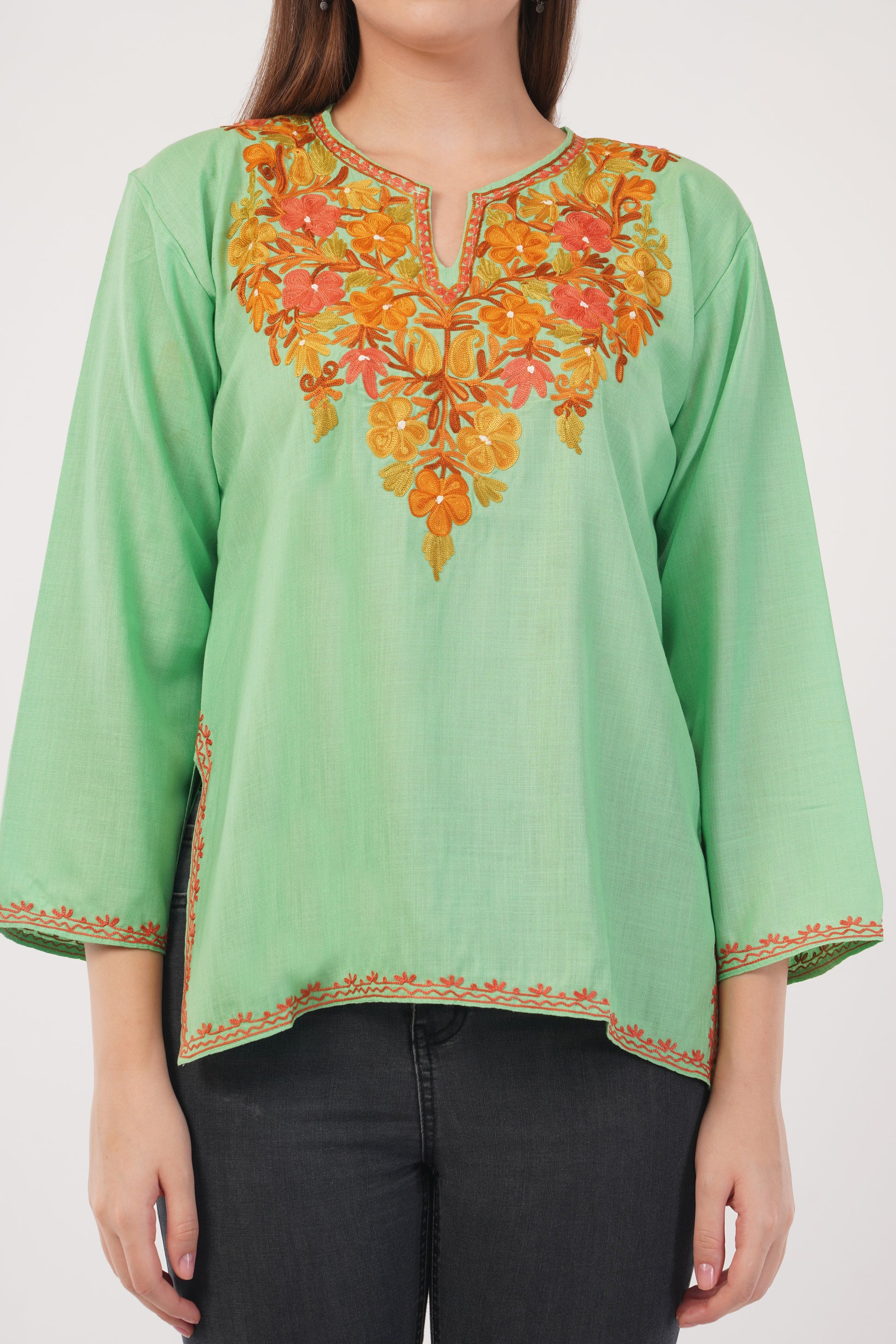 Kashmiri Aari embroidery Cotton Short Kurti Size-40(Green)
