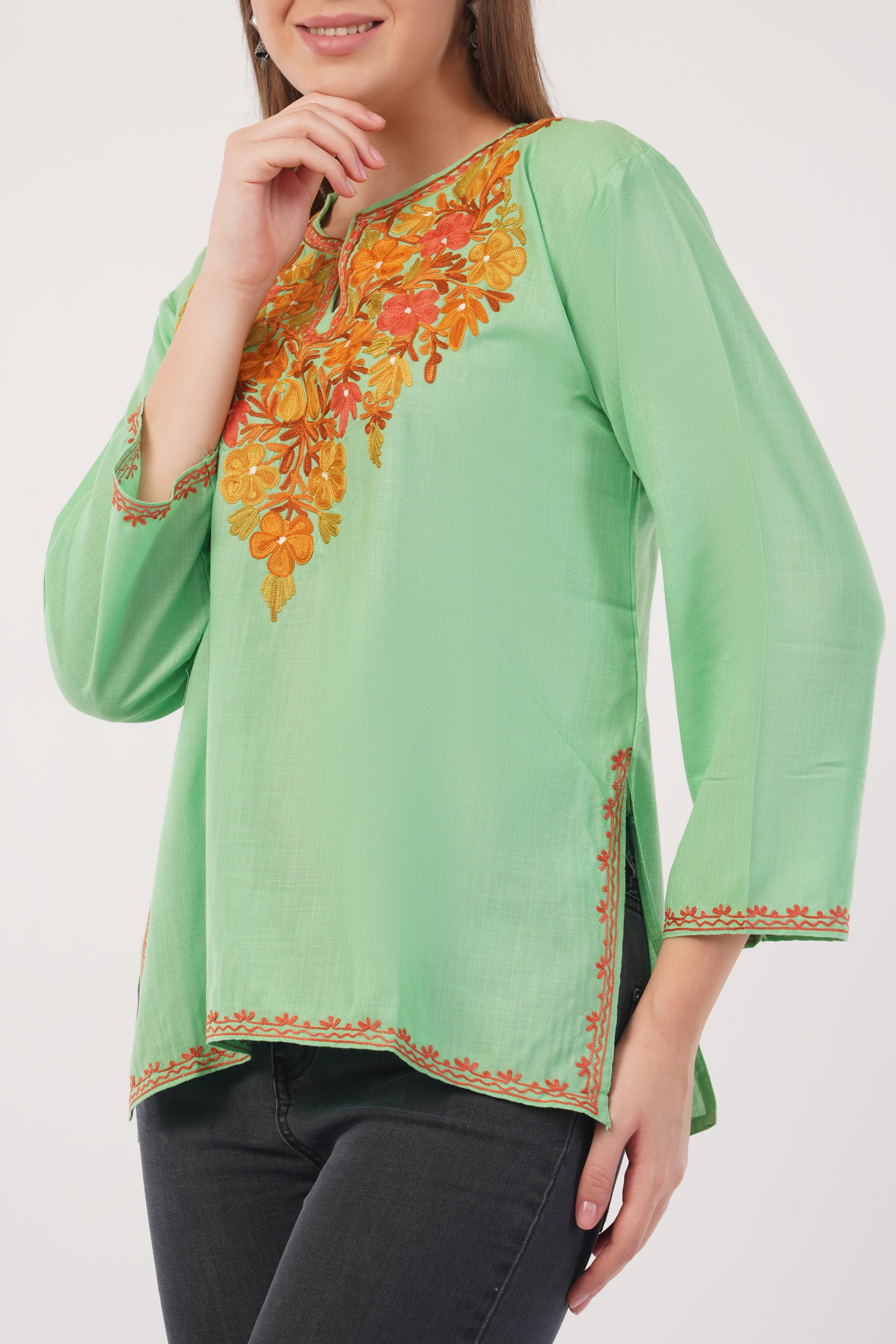 Kashmiri Aari embroidery Cotton Short Kurti Size-40(Green)