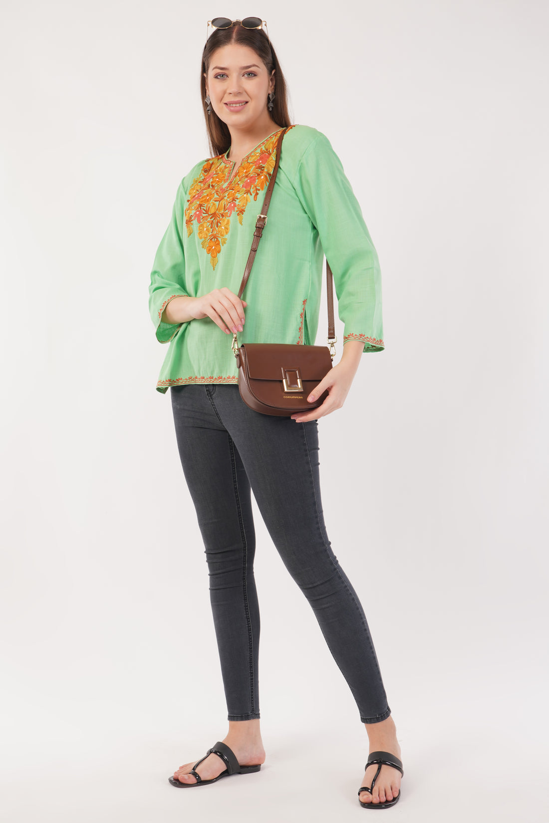 Kashmiri Aari embroidery Cotton Short Kurti Size-40(Green)