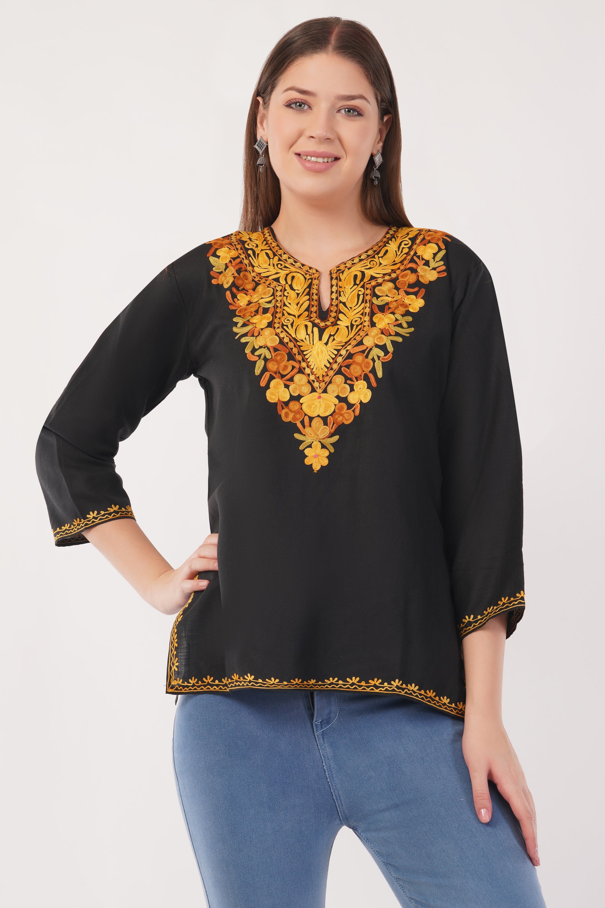 Kashmiri Aari embroidery Cotton Short Kurti Size-40(Black)