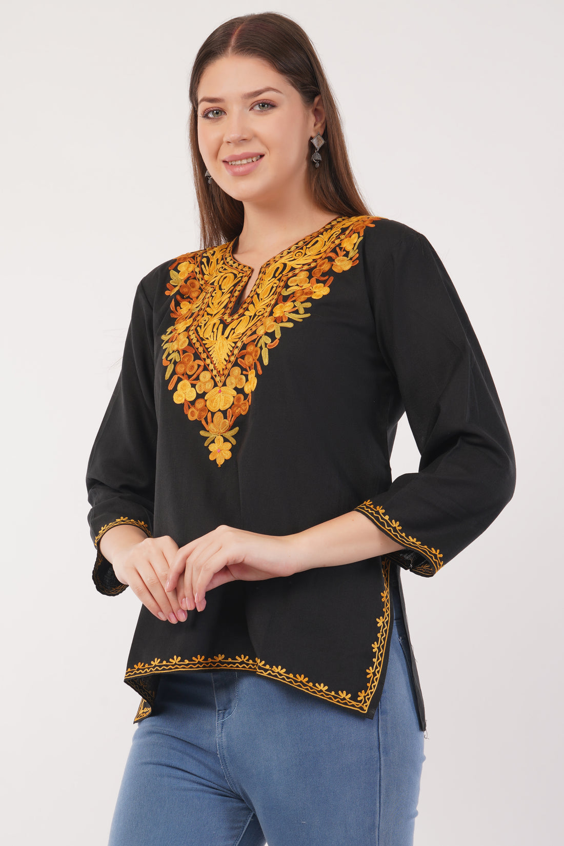 Kashmiri Aari embroidery Cotton Short Kurti Size-40(Black)