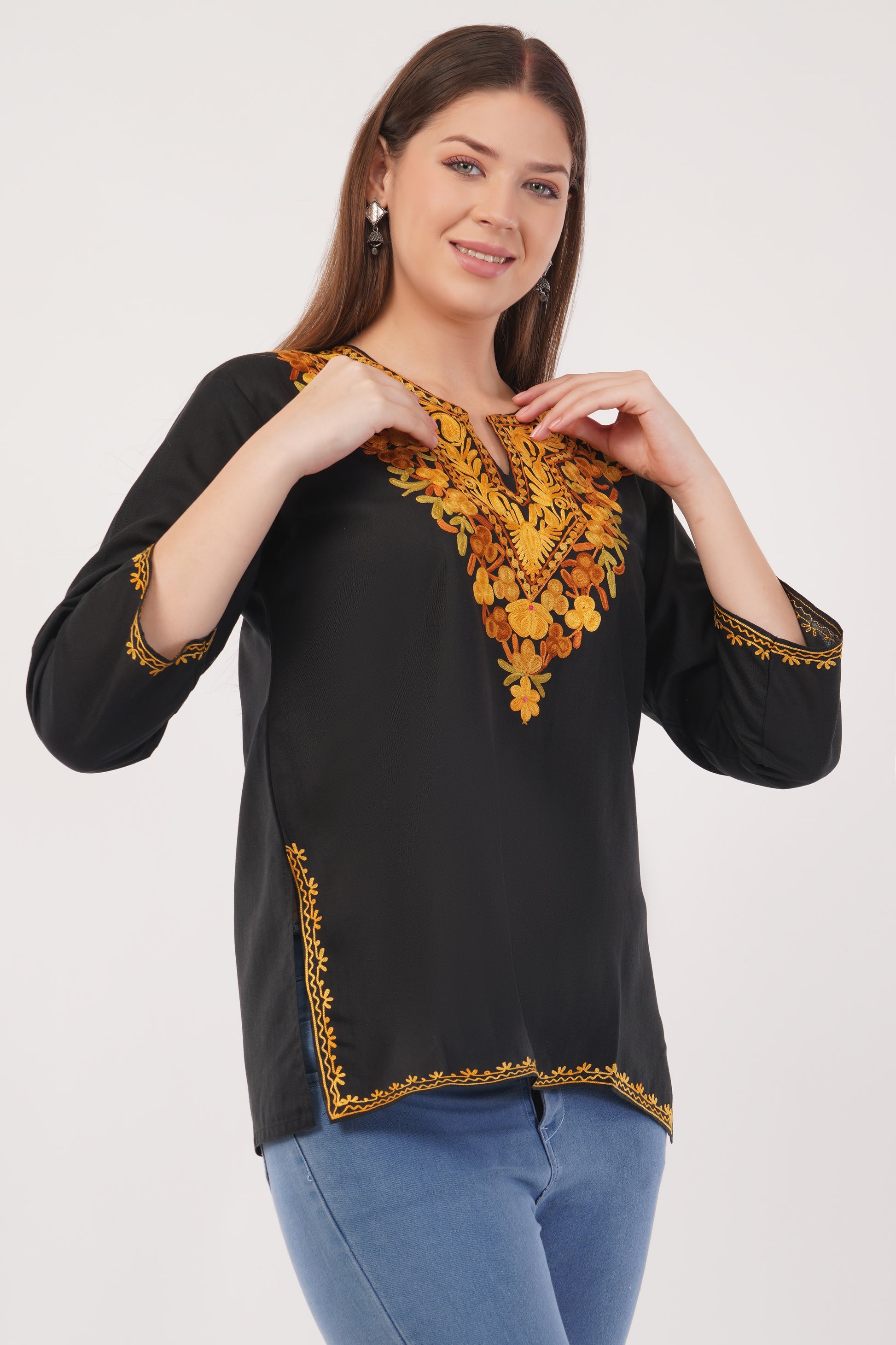 Kashmiri Aari embroidery Cotton Short Kurti Size-40(Black)