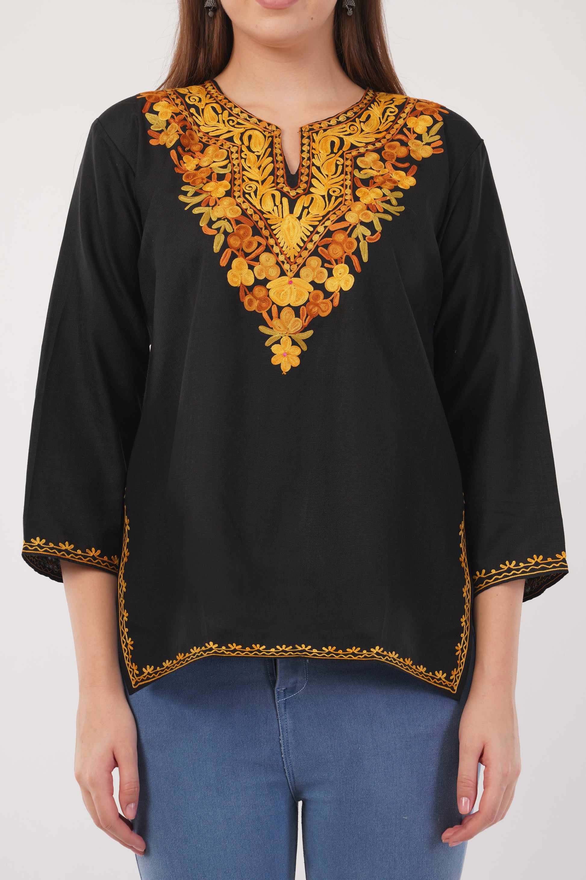Kashmiri Aari embroidery Cotton Short Kurti Size-40(Black)