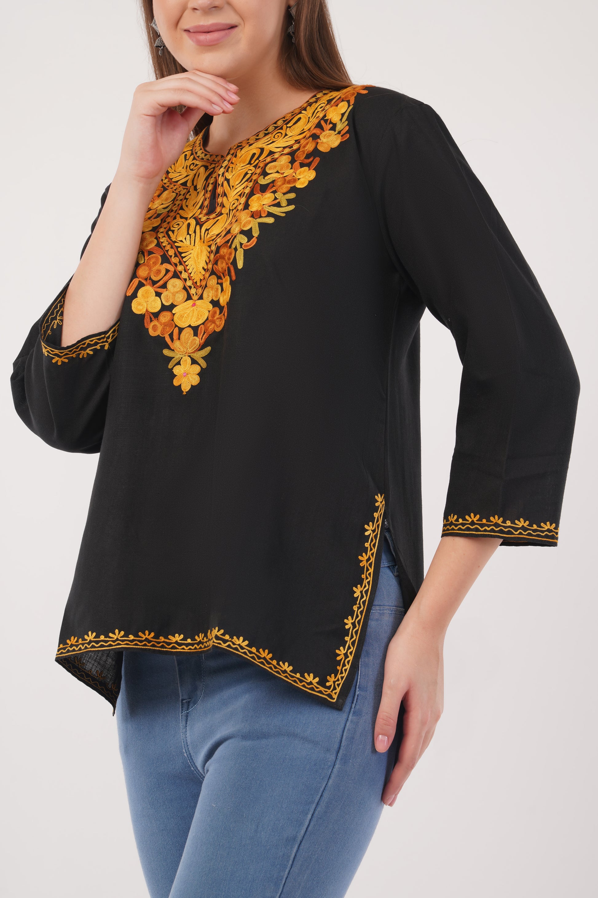 Kashmiri Aari embroidery Cotton Short Kurti Size-40(Black)