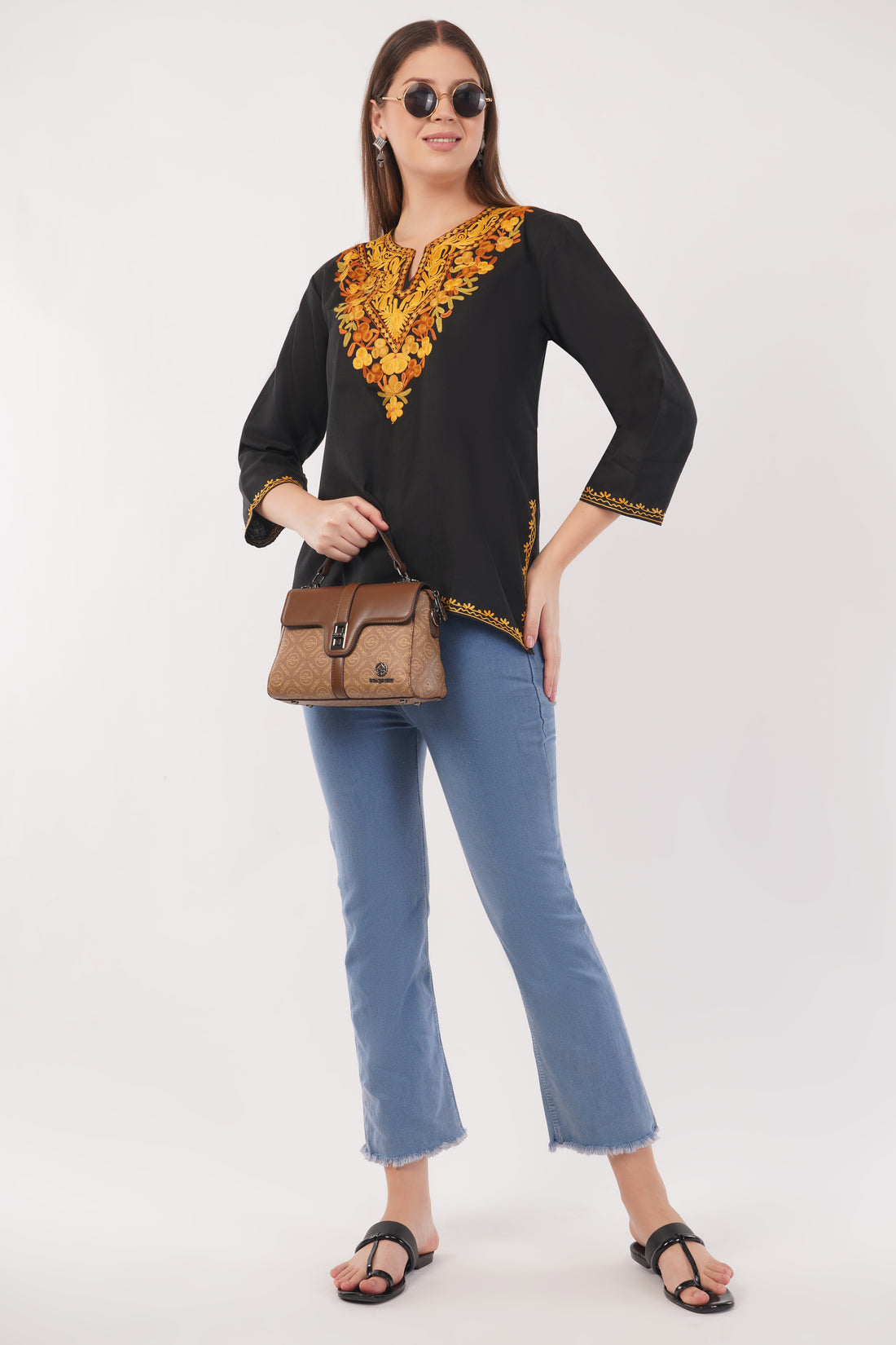 Kashmiri Aari embroidery Cotton Short Kurti Size-40(Black)