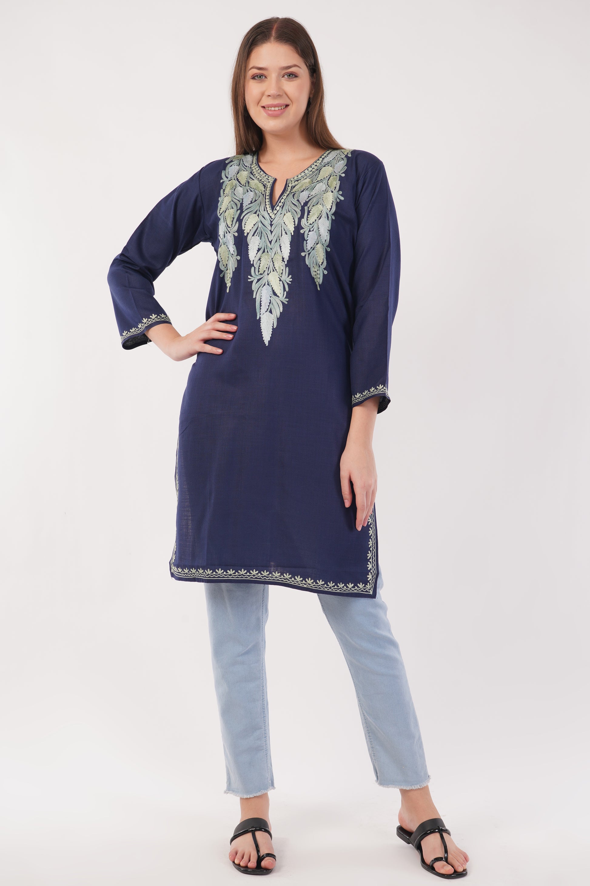 Kashmiri Aari embroidery Cotton Long Kurti Size-42 (Navy Blue)