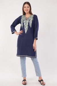 Kashmiri Aari embroidery Cotton Long Kurti Size-42 (Navy Blue)
