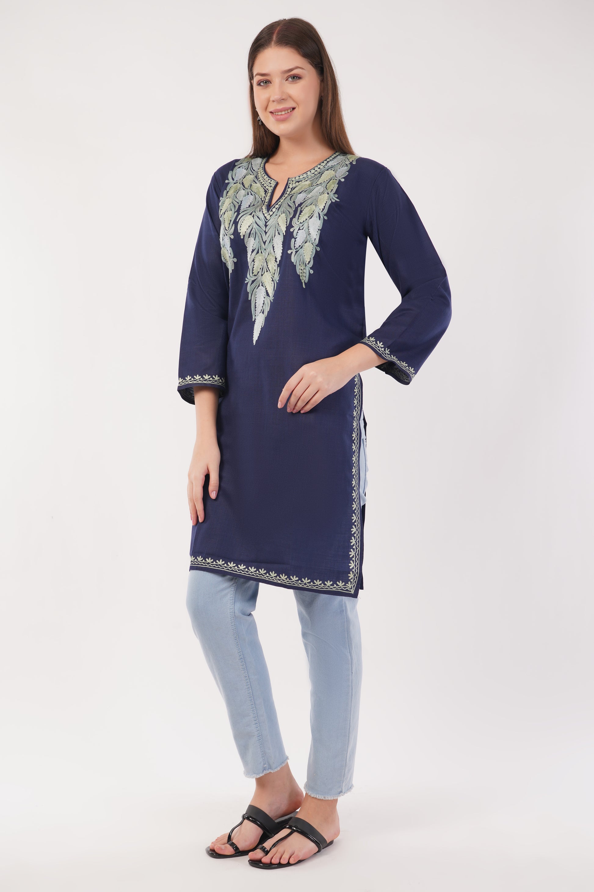 Kashmiri Aari embroidery Cotton Long Kurti Size-42 (Navy Blue)