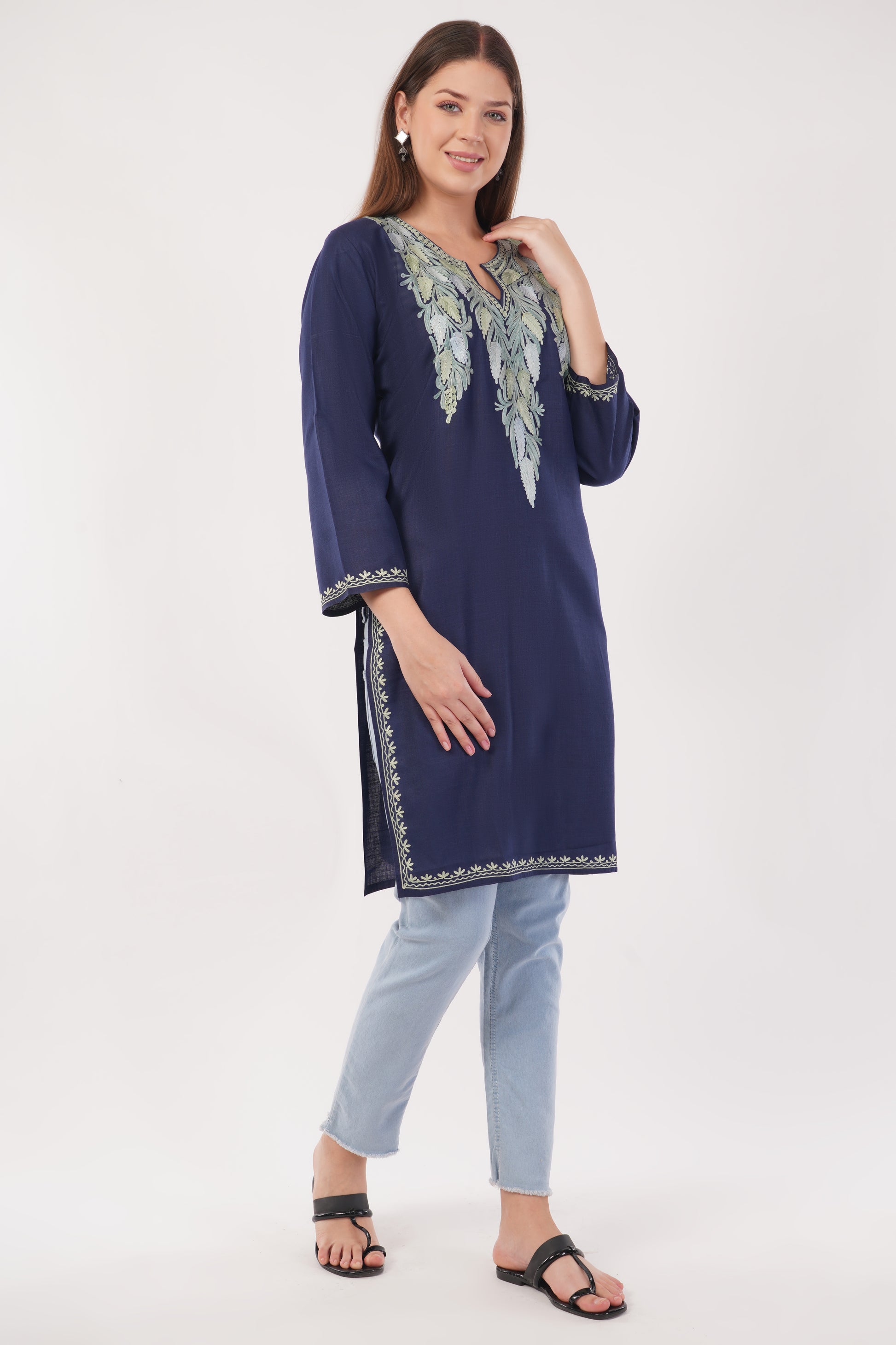 Kashmiri Aari embroidery Cotton Long Kurti Size-42 (Navy Blue)