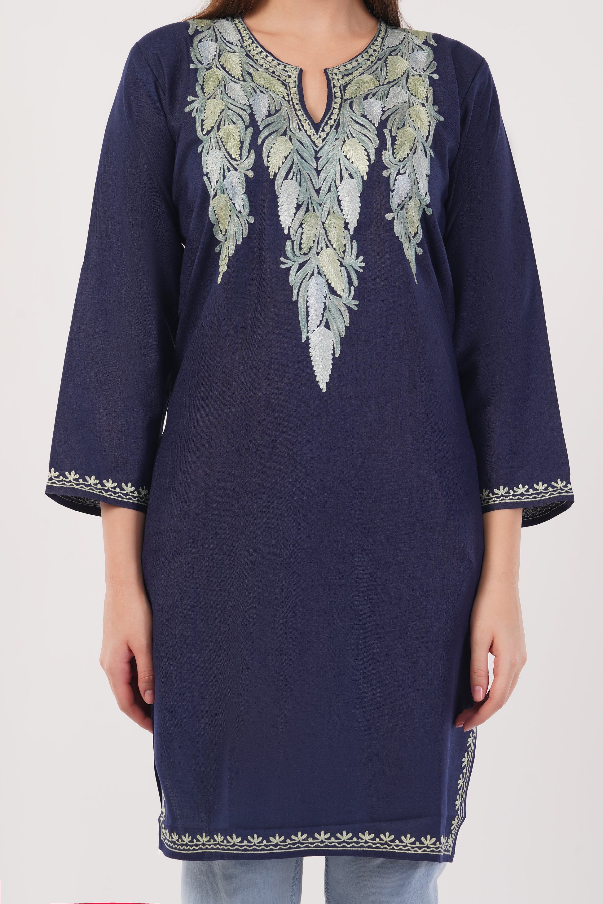 Kashmiri Aari embroidery Cotton Long Kurti Size-42 (Navy Blue)