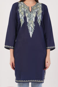 Kashmiri Aari embroidery Cotton Long Kurti Size-42 (Navy Blue)