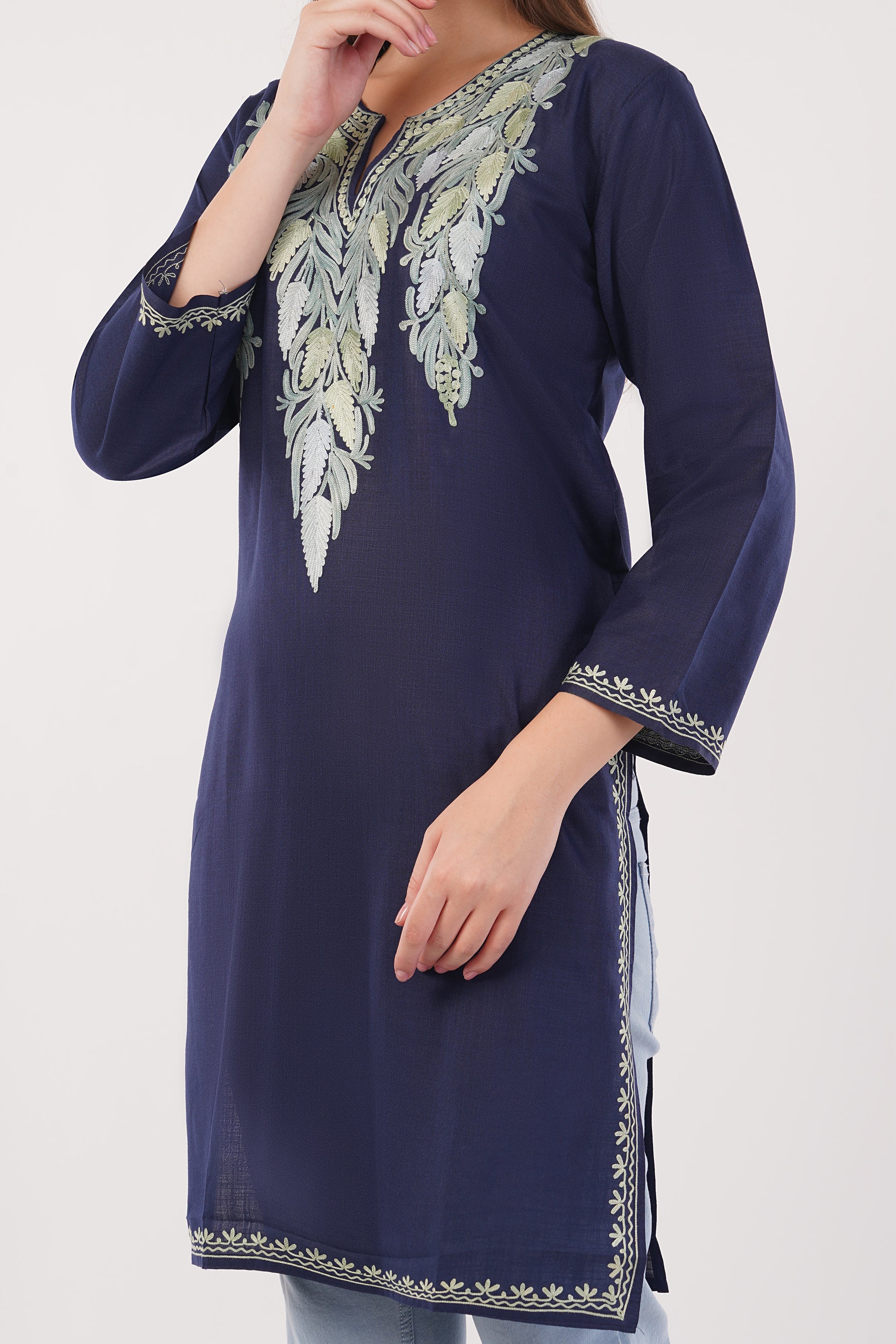 Kashmiri Aari embroidery Cotton Long Kurti Size-42 (Navy Blue)