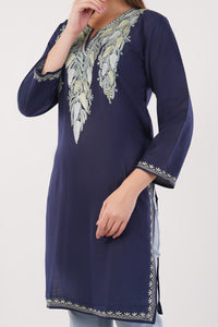 Kashmiri Aari embroidery Cotton Long Kurti Size-42 (Navy Blue)