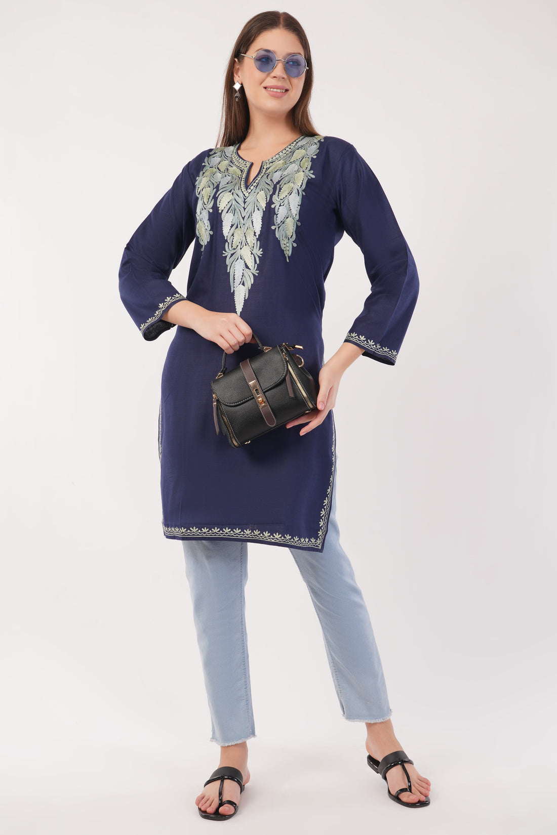 Kashmiri Aari embroidery Cotton Long Kurti Size-42 (Navy Blue)