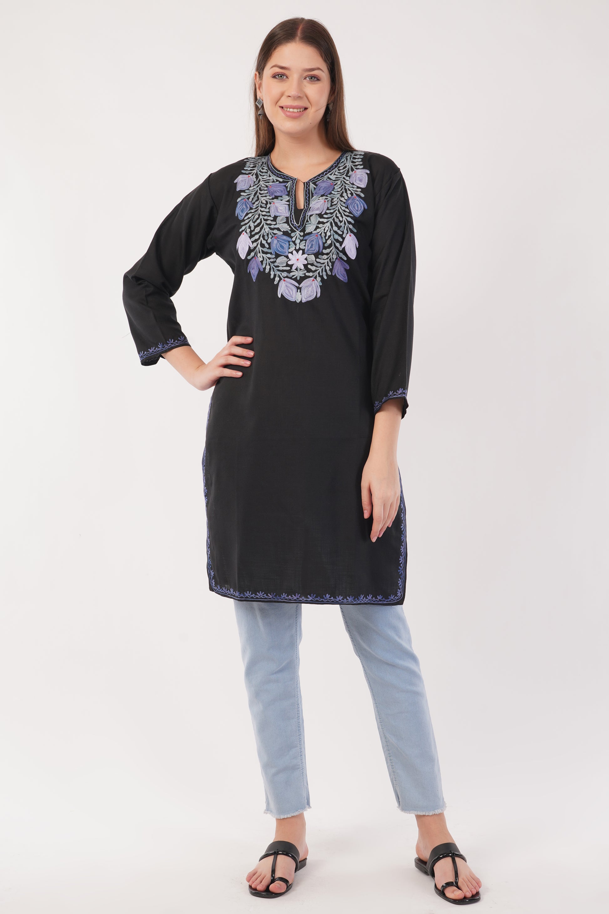 Kashmiri Aari embroidery Cotton Long Kurti Size-42 (Black)
