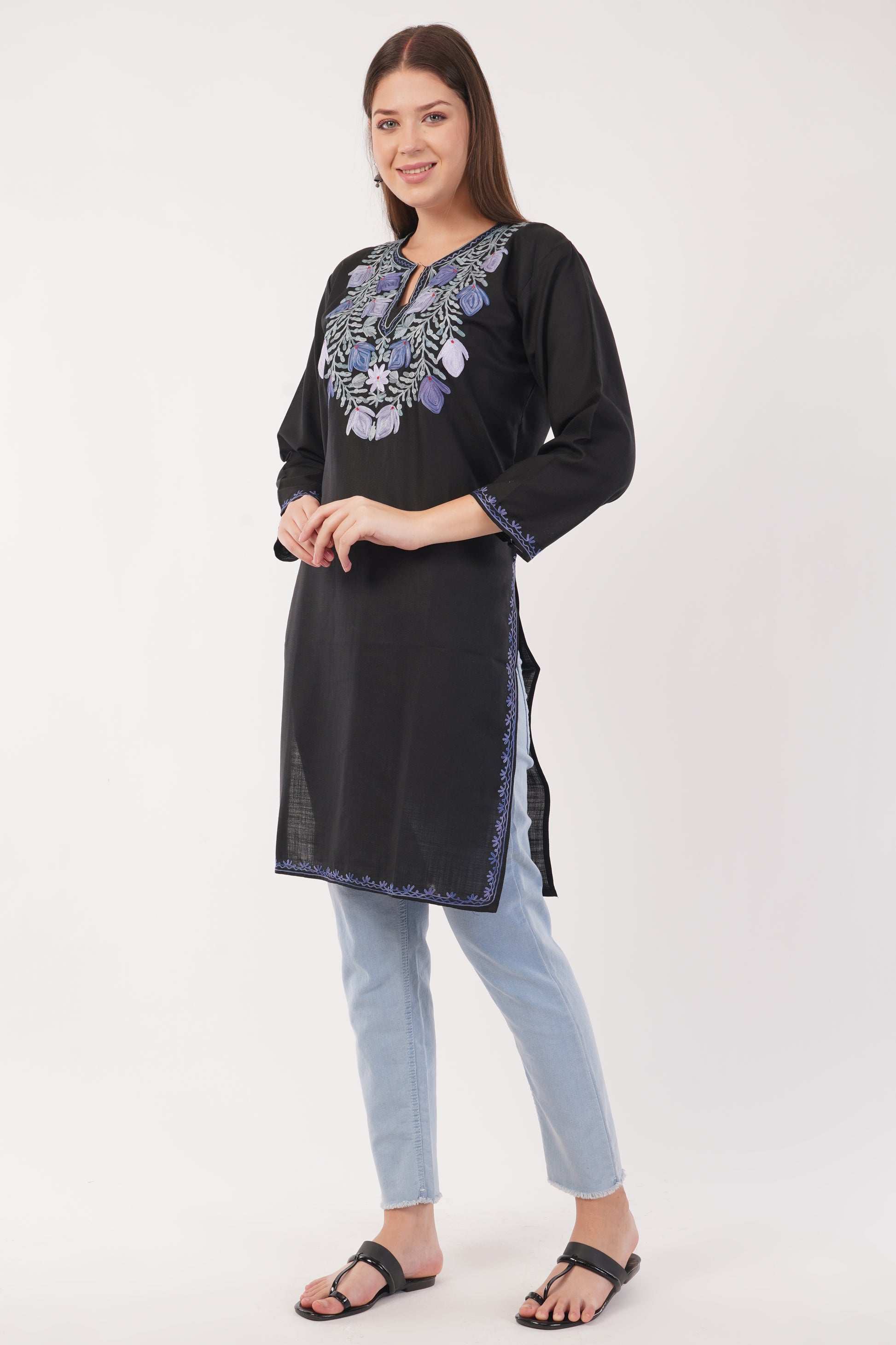 Kashmiri Aari embroidery Cotton Long Kurti Size-42 (Black)