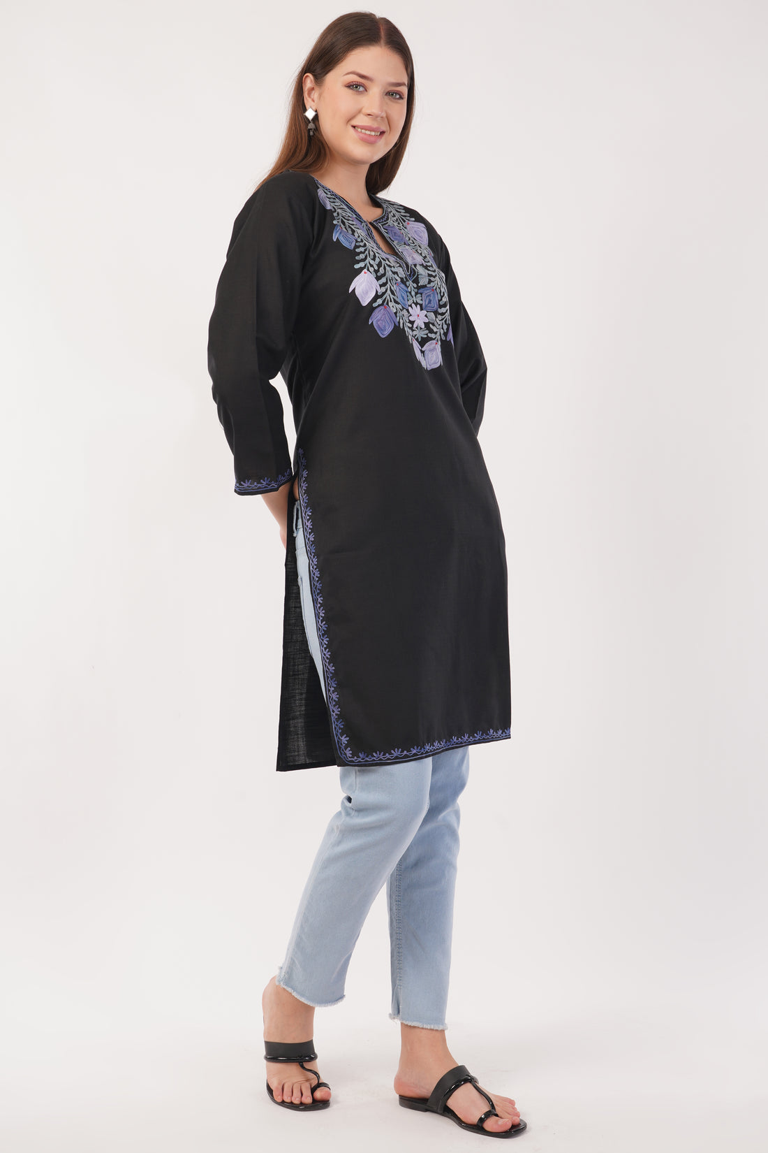Kashmiri Aari embroidery Cotton Long Kurti Size-42 (Black)