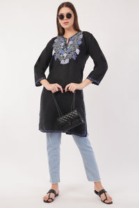 Kashmiri Aari embroidery Cotton Long Kurti Size-42 (Black)