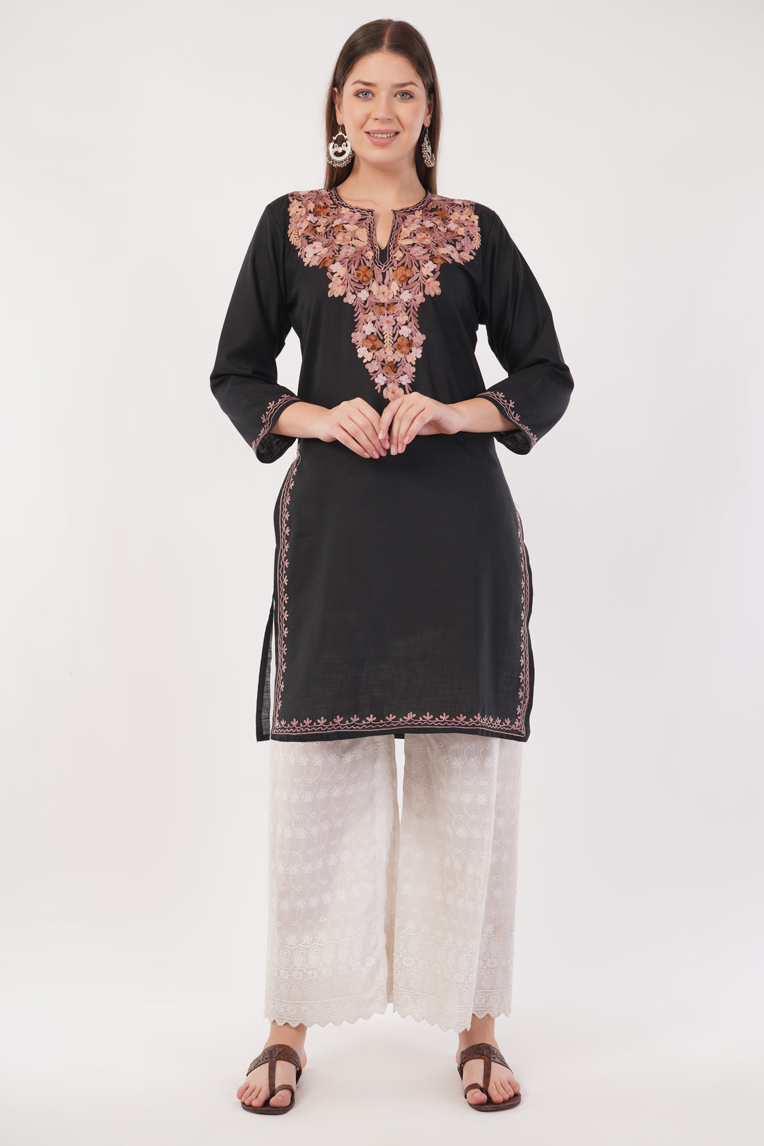 Kashmiri Aari embroidery Cotton Long Kurti Size-40(Black)