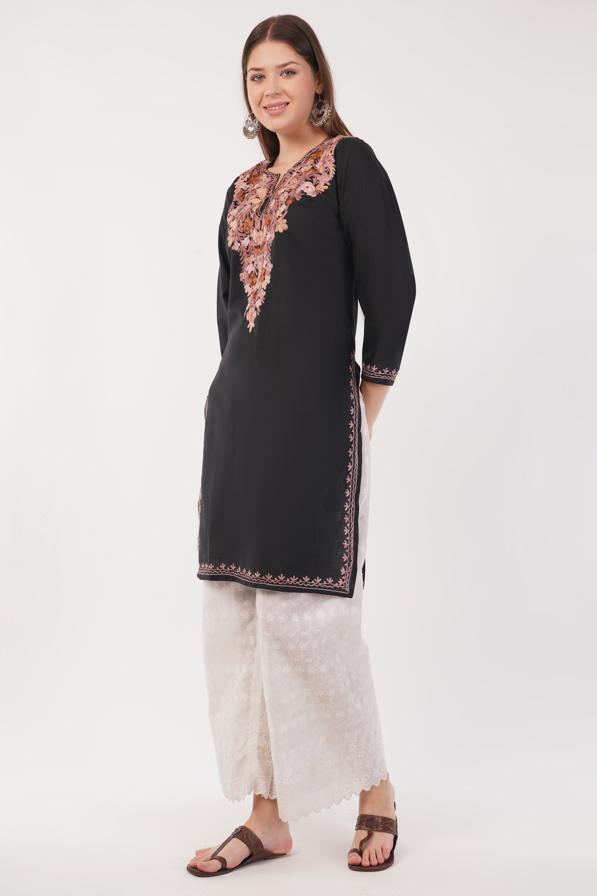Kashmiri Aari embroidery Cotton Long Kurti Size-40(Black)