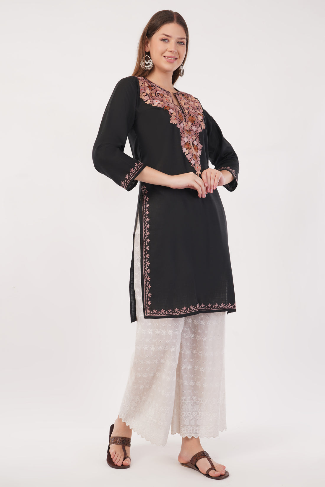 Kashmiri Aari embroidery Cotton Long Kurti Size-40(Black)
