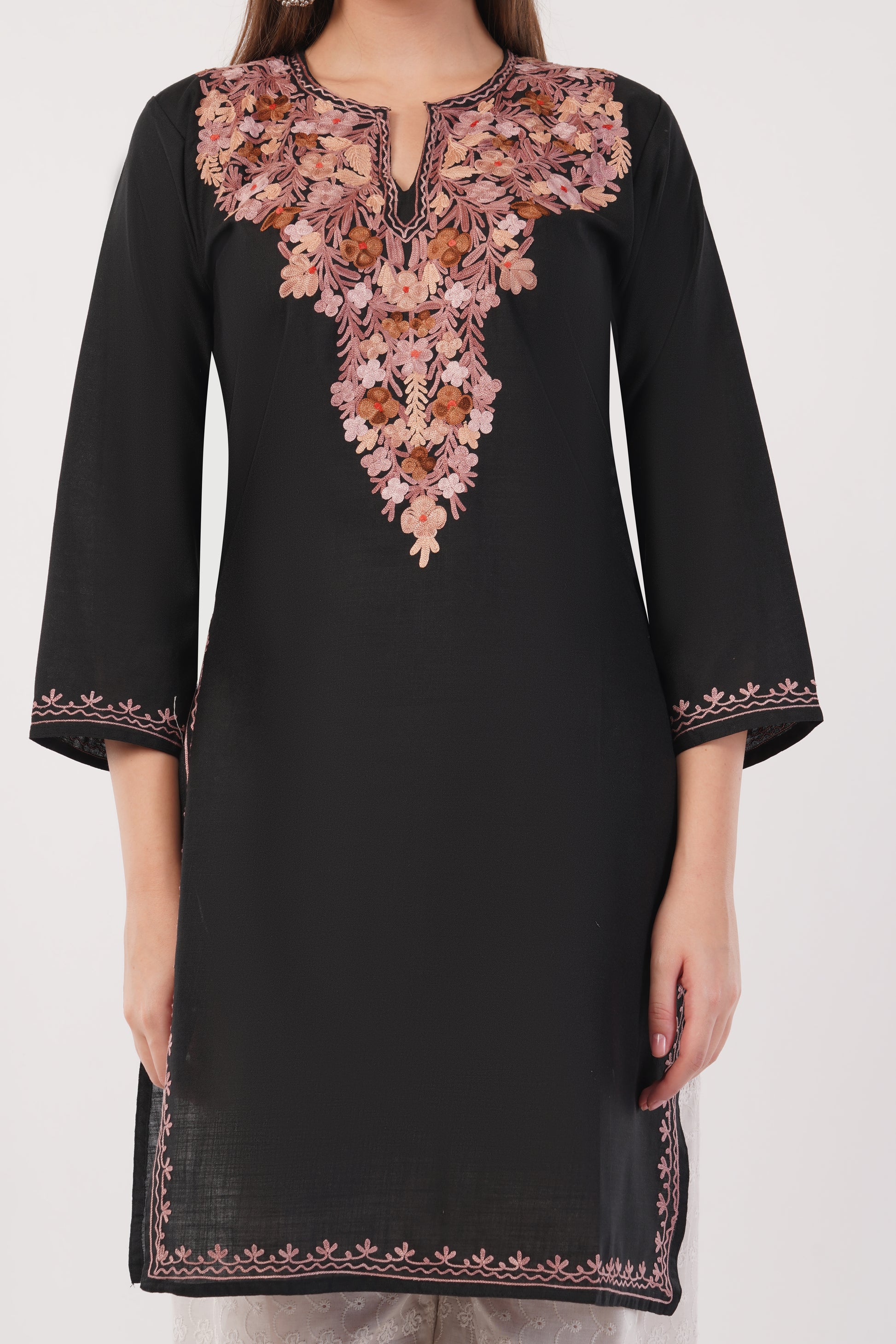 Kashmiri Aari embroidery Cotton Long Kurti Size-40(Black)