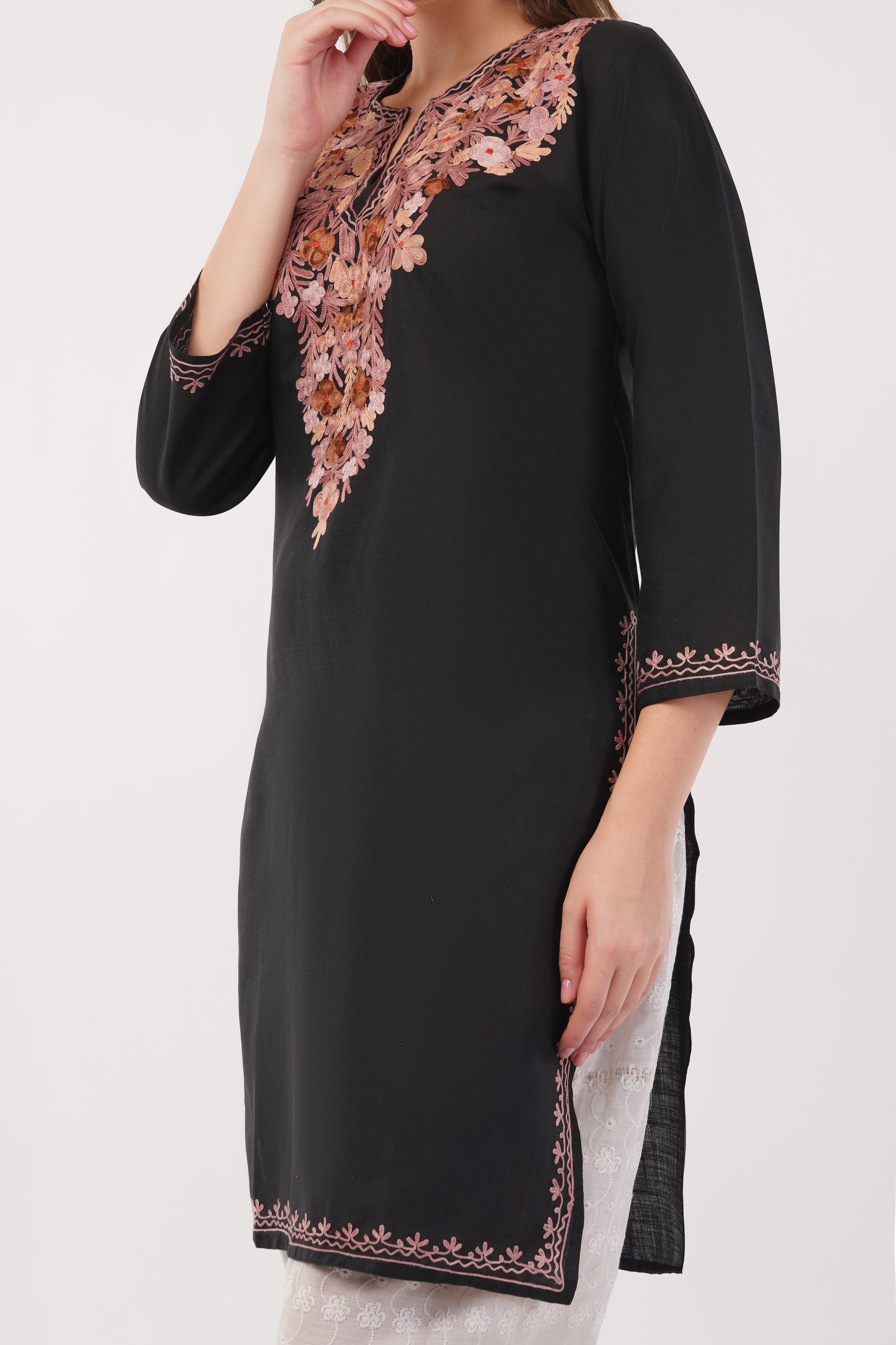 Kashmiri Aari embroidery Cotton Long Kurti Size-40(Black)