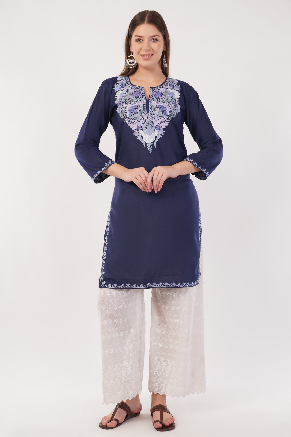 Kashmiri Aari embroidery Cotton Long Kurti Size-40(Navy)