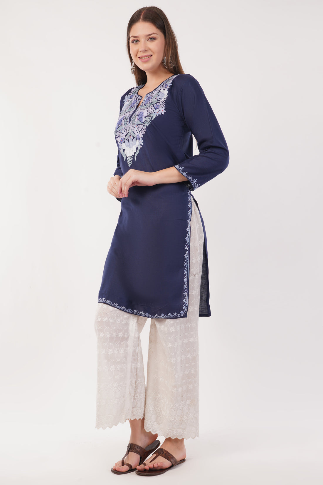 Kashmiri Aari embroidery Cotton Long Kurti Size-40(Navy)
