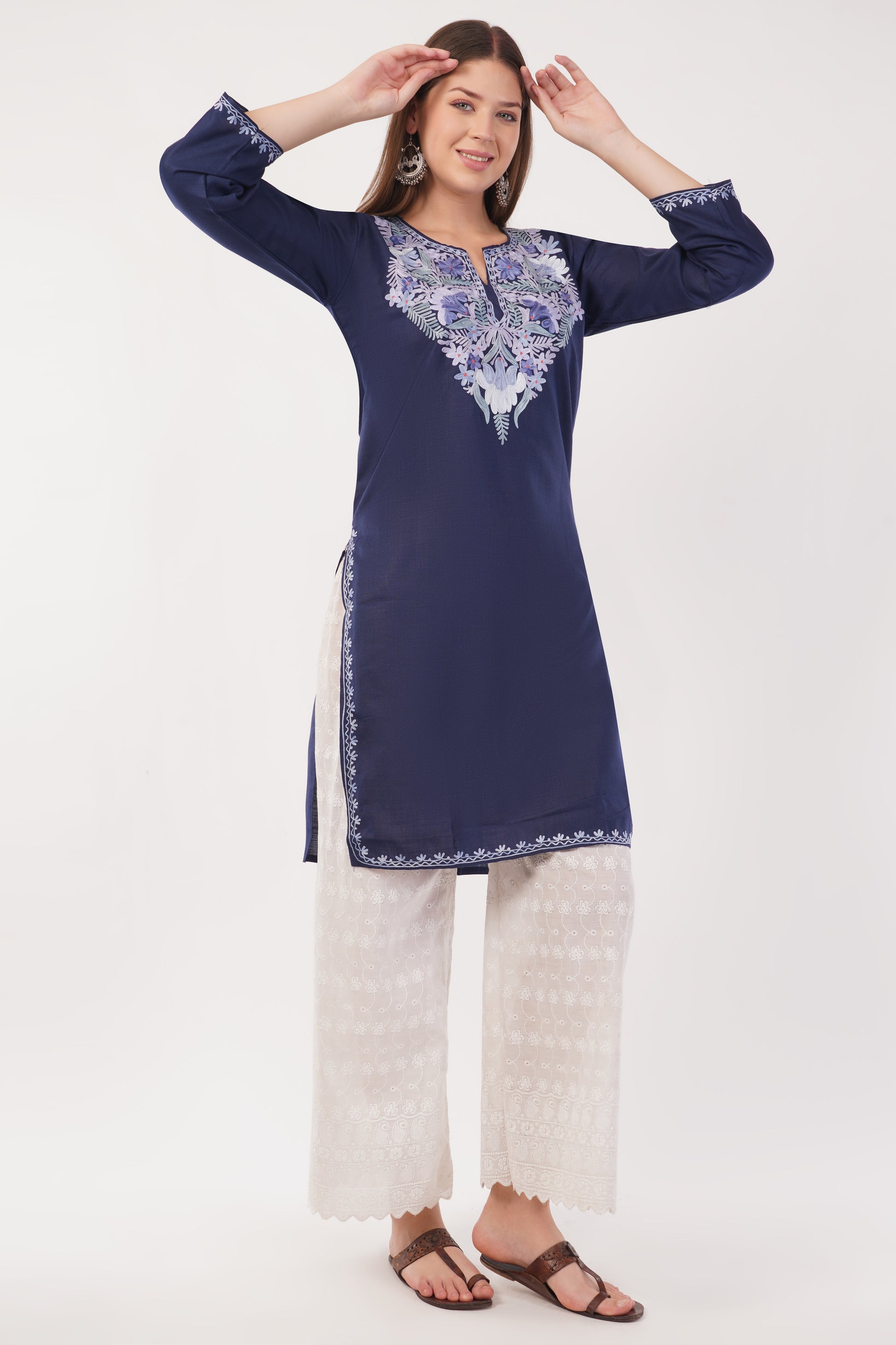 Kashmiri Aari embroidery Cotton Long Kurti Size-40(Navy)