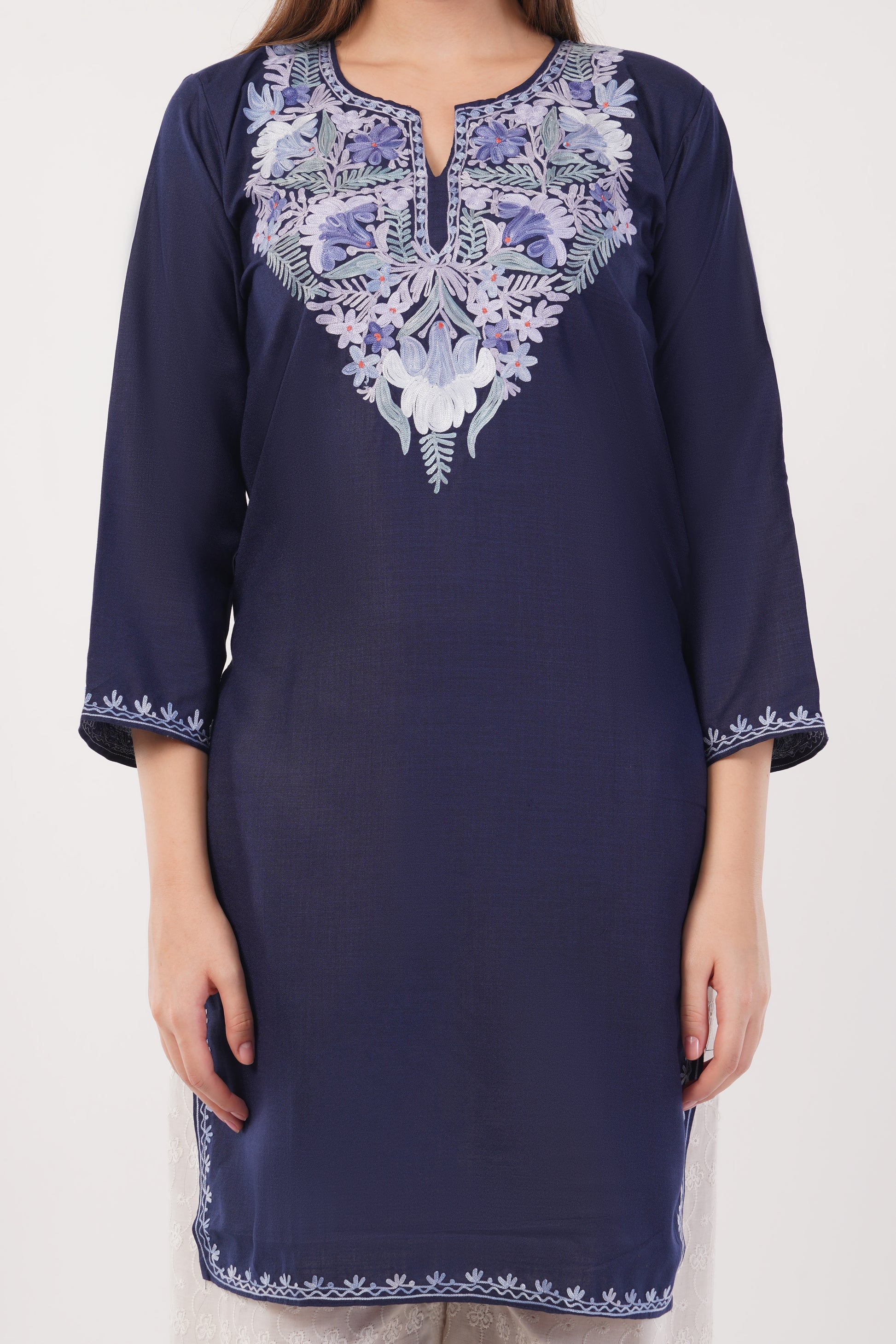 Kashmiri Aari embroidery Cotton Long Kurti Size-40(Navy)