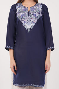 Kashmiri Aari embroidery Cotton Long Kurti Size-40(Navy)