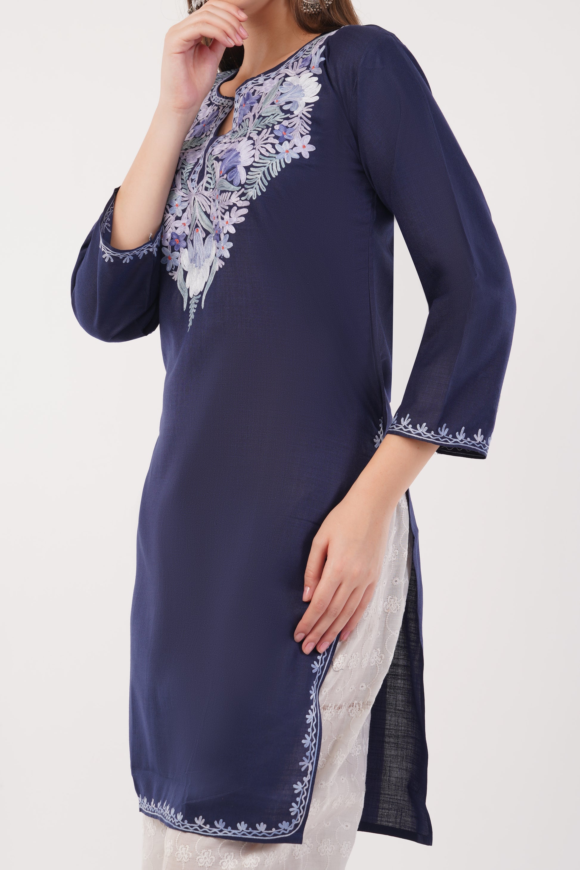 Kashmiri Aari embroidery Cotton Long Kurti Size-40(Navy)