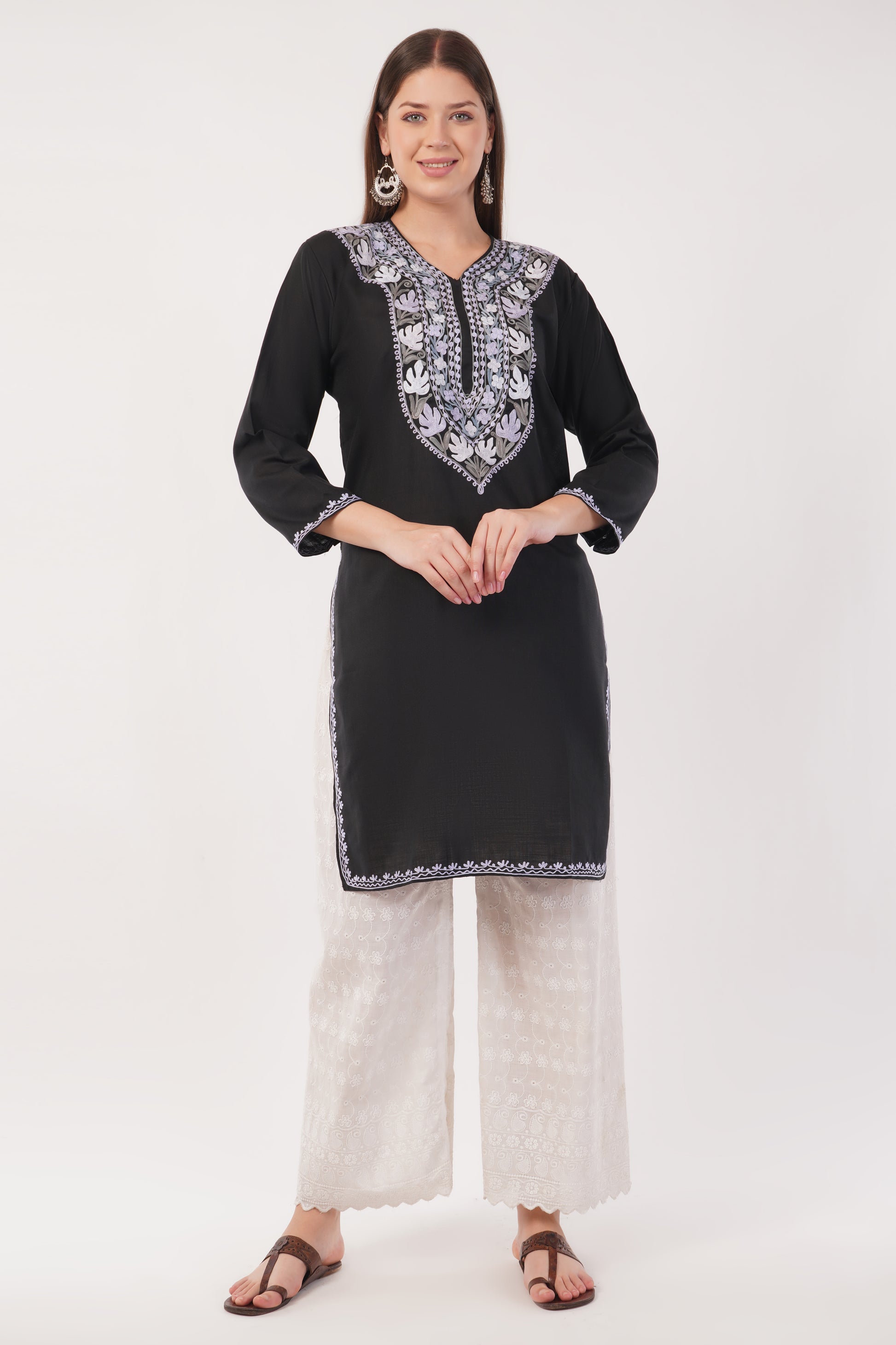 Kashmiri Aari embroidery Cotton Long Kurti Size-40(Black)