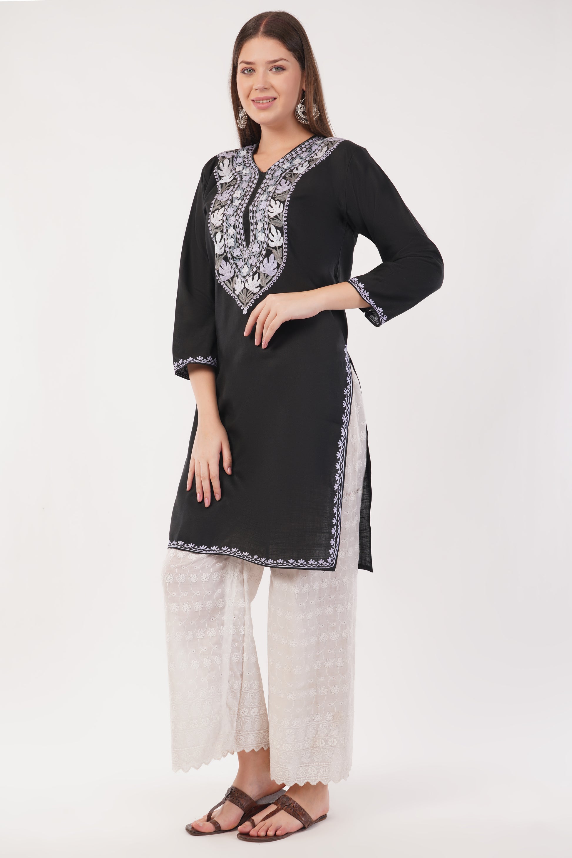 Kashmiri Aari embroidery Cotton Long Kurti Size-40(Black)