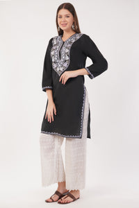 Kashmiri Aari embroidery Cotton Long Kurti Size-40(Black)