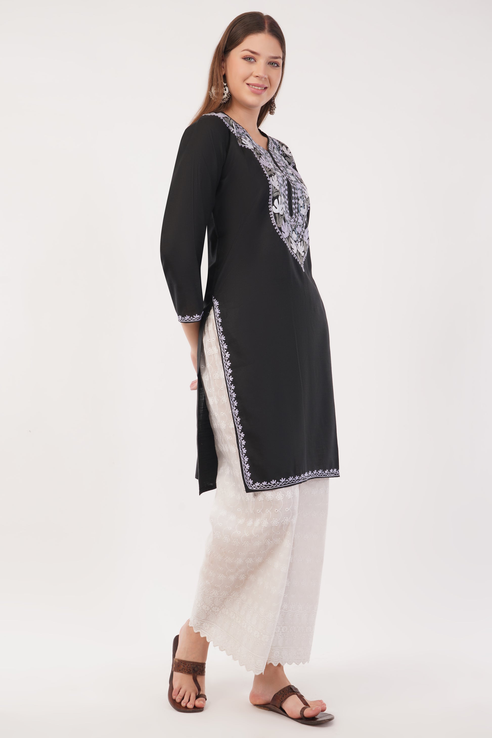 Kashmiri Aari embroidery Cotton Long Kurti Size-40(Black)