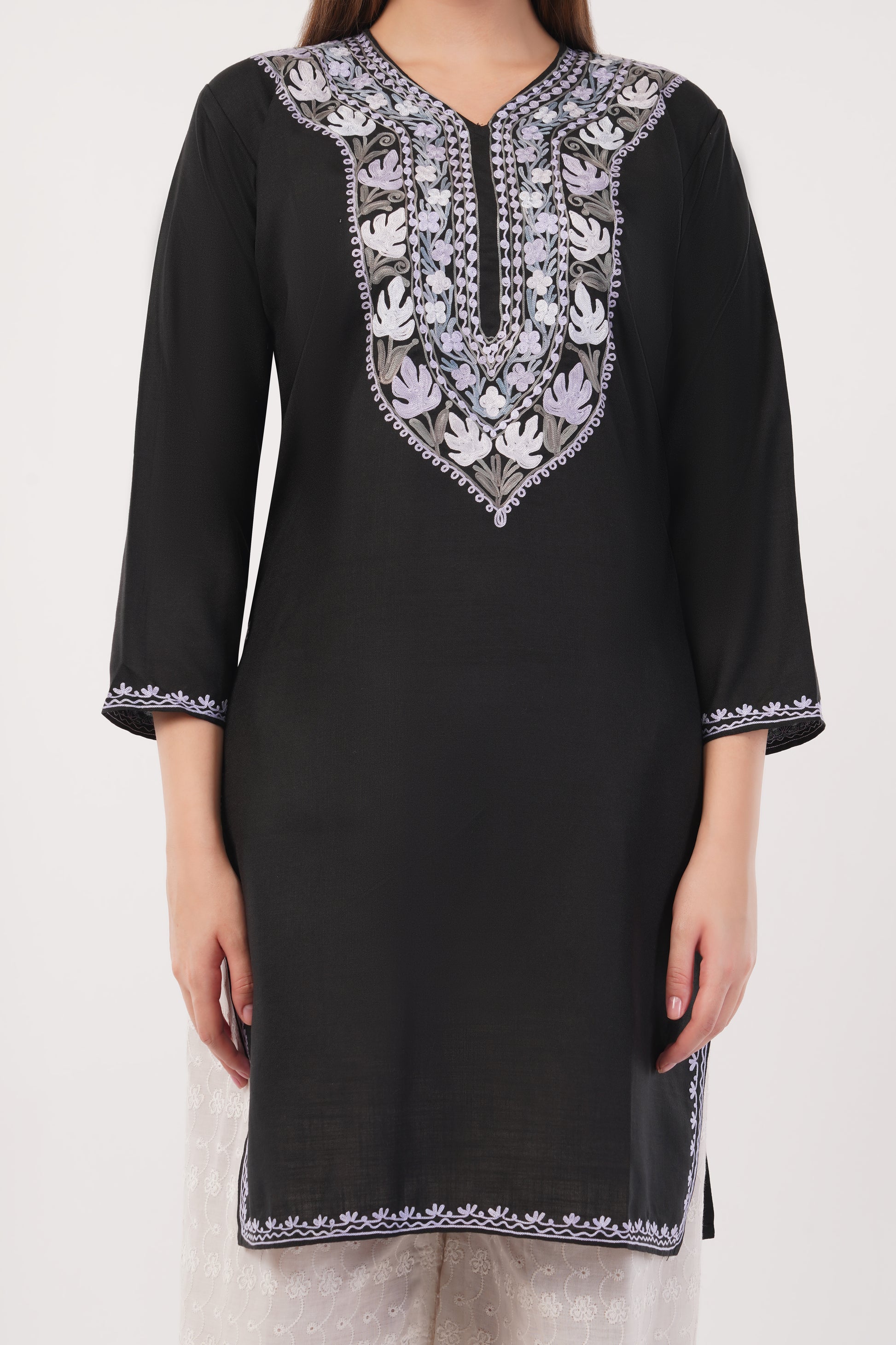 Kashmiri Aari embroidery Cotton Long Kurti Size-40(Black)