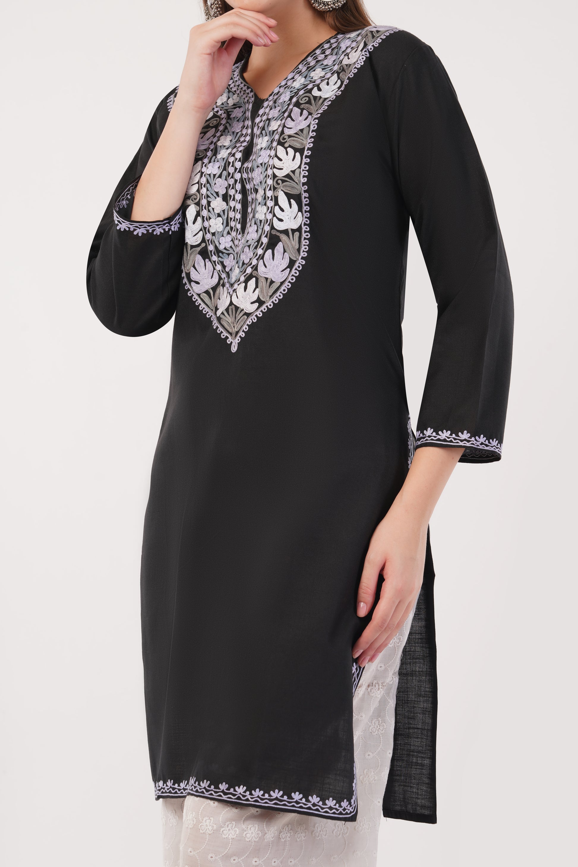Kashmiri Aari embroidery Cotton Long Kurti Size-40(Black)