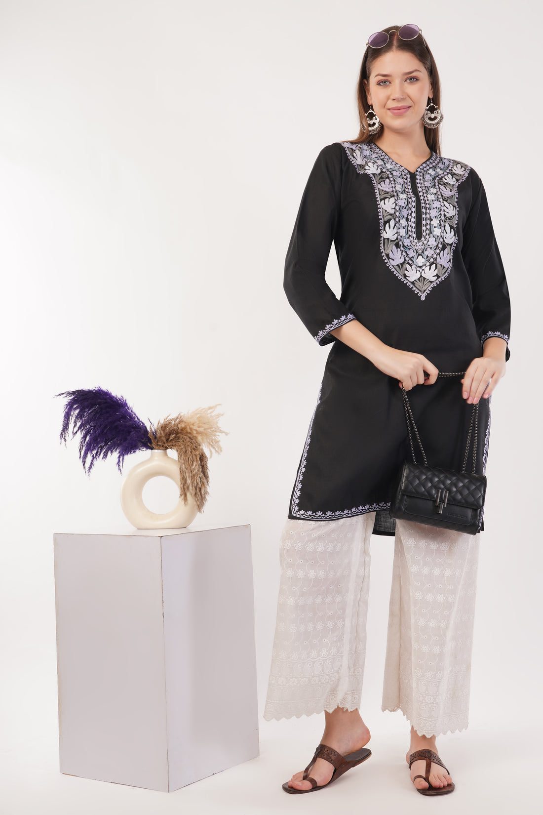 Kashmiri Aari embroidery Cotton Long Kurti Size-40(Black)