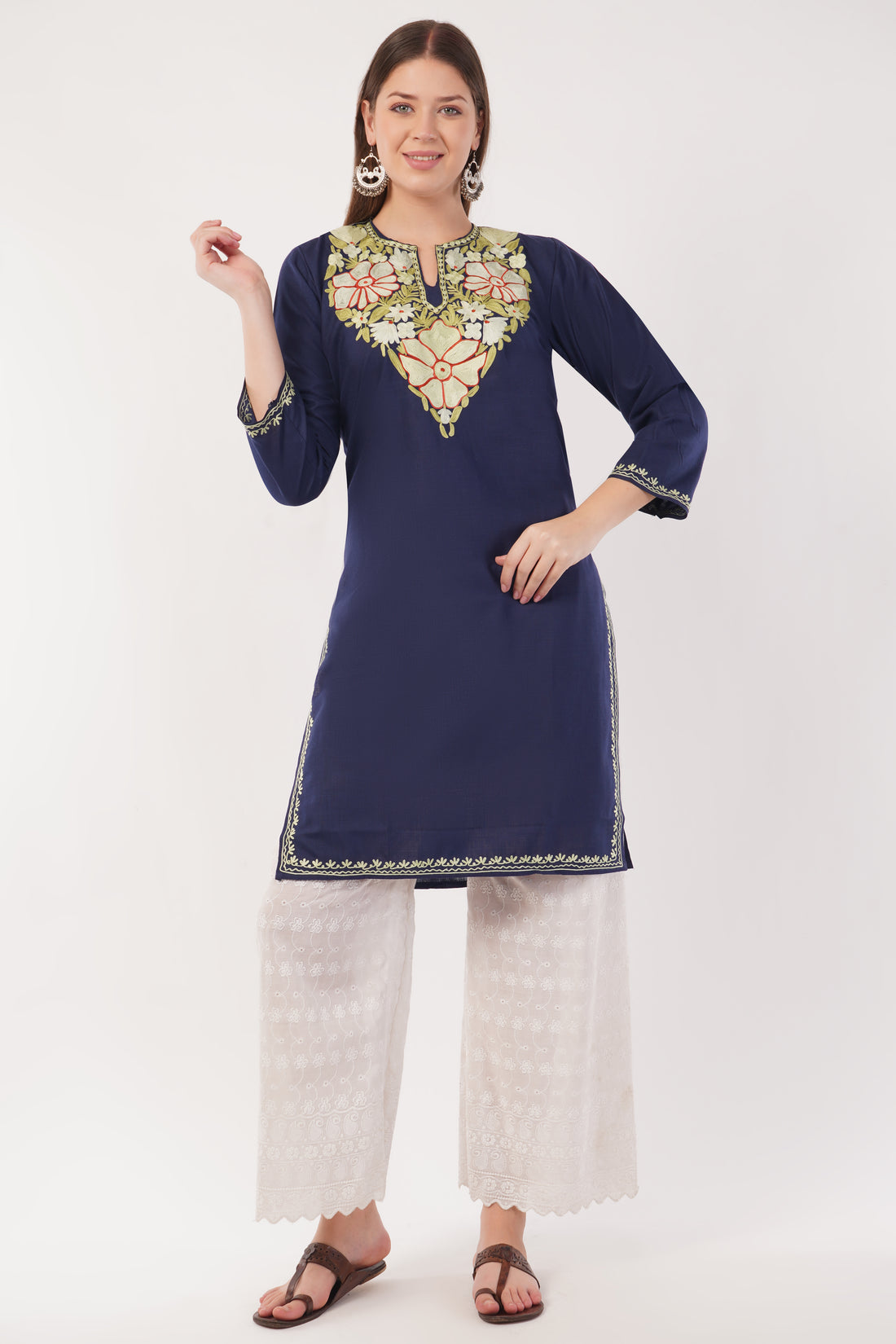 Kashmiri Aari embroidery Cotton Long Kurti Size-42(Navy)